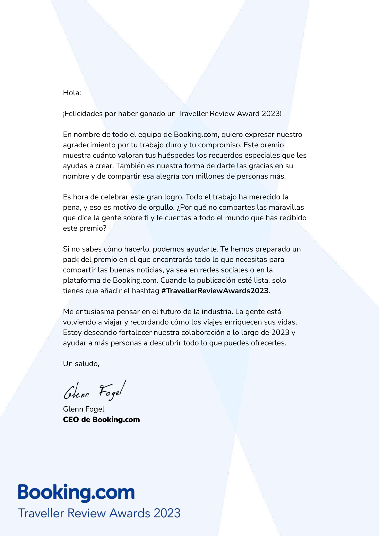 Letter of Recognition from Glenn Fogel